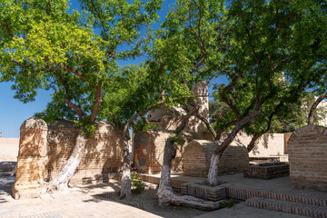Decorated medieval Muslim graves of the Chor-Bakr in Bukhara, Uzbekistan