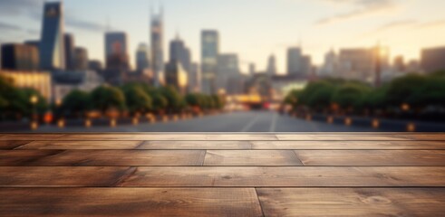 Obraz premium Empty wooden table with blurred street background