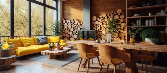 Natural apartment with dining space featuring a cozy wood decor theme, including a yellow armchair...
