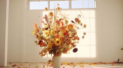 A live and dried floral arrangement in a white loft room