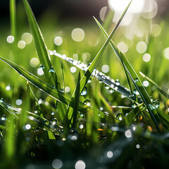 A close-up of dewdrops on blades of grass