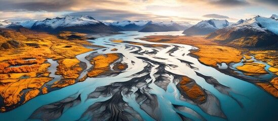 Aerial perspective of a stunning glacier river in South Iceland showcasing natural beauty and effects of global warming. - obrazy, fototapety, plakaty