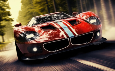 Fototapeta premium Red Sports Car Racing Through the Track at High Speed