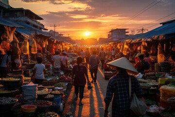 Market Vibrance: A Busy Morning Market in Da Nang at Sunset, Captured in a Dynamic Shot, with Shoppers Navigating Narrow Aisles Filled with Local Delicacies and Household Goods.

