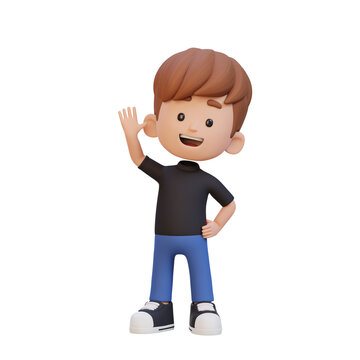 3D kid character waving hand with cute happy face