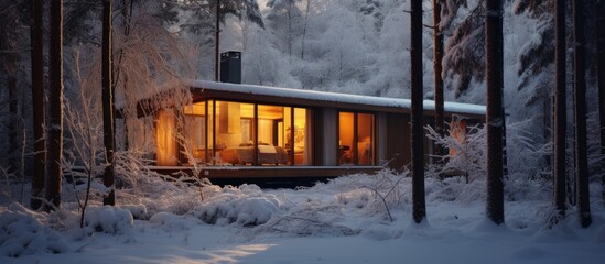 Wooden cabin in a wintry forest
