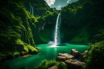 Majestic waterfall cascading down a lush, emerald-green mountainside