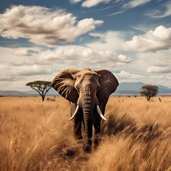A lone elephant roaming in the vastness of an African savannah.