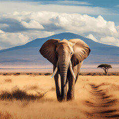 Fototapeta na wymiar A lone elephant roaming in the vastness of an African savannah.