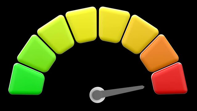 Arrow point scale speed high status speedometer icon performance, pointer rating risk credit levels, meter, tachometer on isolated background. minimal cartoon. 3d rendering. From green to red motion