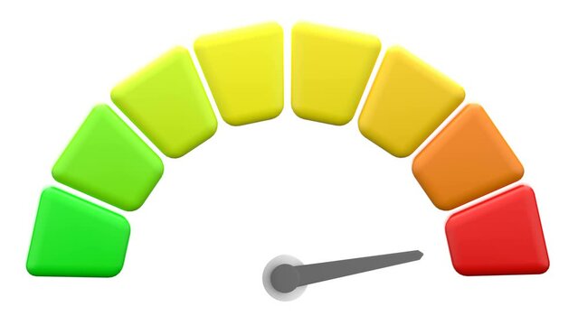 Arrow point scale speed high status speedometer icon performance, pointer rating risk credit levels, meter, tachometer on isolated background. minimal cartoon. 3d rendering. From green to red motion