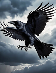 Flying raven against the background of a gray cloudy sky