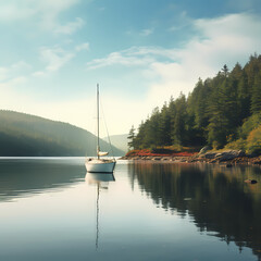 Fototapeta na wymiar A lone sailboat anchored in a quiet bay