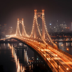A modern bridge illuminated by city lights at night