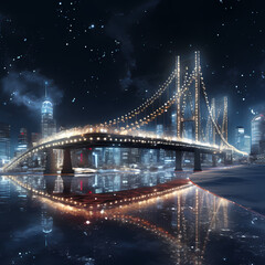 A modern bridge illuminated by the twinkling lights of a city