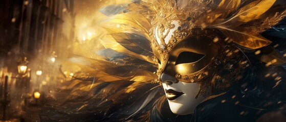 Venetian carnival mask. Gold color, colored feathers. Happy carnival festival - obrazy, fototapety, plakaty