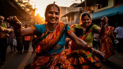 Festival Euphoria: Enthusiastic Participants in Garba Dance, Resplendent in Colorful Traditional Attire, Join in the Spirited Celebration of Navratri with Music, Dance, and Community Joy.




 - obrazy, fototapety, plakaty