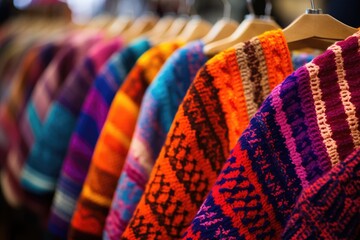 Ecuadorian Craftsmanship: Handmade Ponchos for Sale Showcase the Rich Textiles and Traditional Culture of Ecuador's Indigenous Art, Offering Unique and Colorful Garments.

 - obrazy, fototapety, plakaty