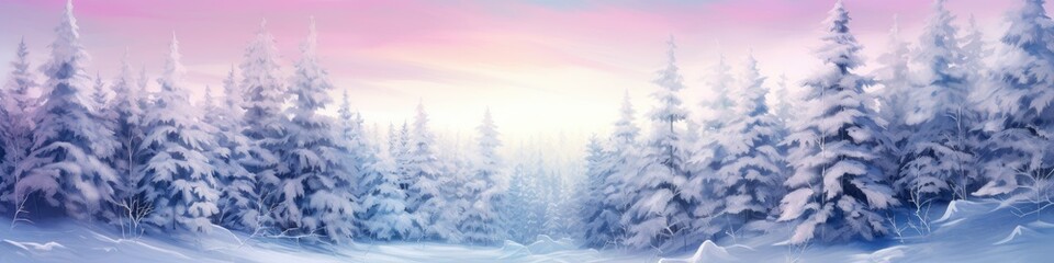 Winter snowy magic forest illustration for Christmas design. Snowfall on sunrise or sunset. Beautiful abstract background, holiday frame or border with copy space