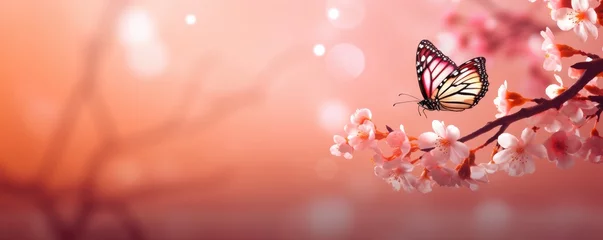 Tuinposter Fluttering butterfly and pink cherry or sakura blossom branch in sunlight. Floral spring concept for background, banner or greeting card with copy space © ratatosk