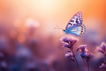 Fluttering blue butterfly and purple wildflowers on the field in sunlight. Floral spring concept for background, banner or greeting card with copy space - obrazy, fototapety, plakaty