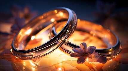 Luxury couple of gold wedding rings and flowers. Wedding invitation - obrazy, fototapety, plakaty