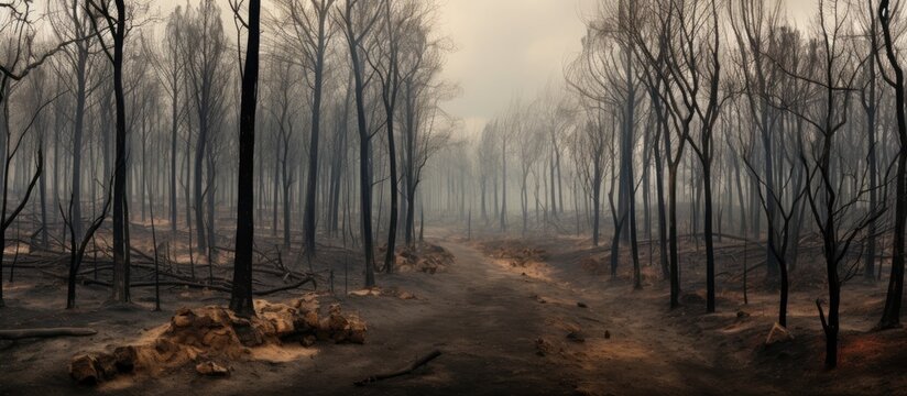 Burnt forest with surviving trees in Lugo, Galicia, Spain.