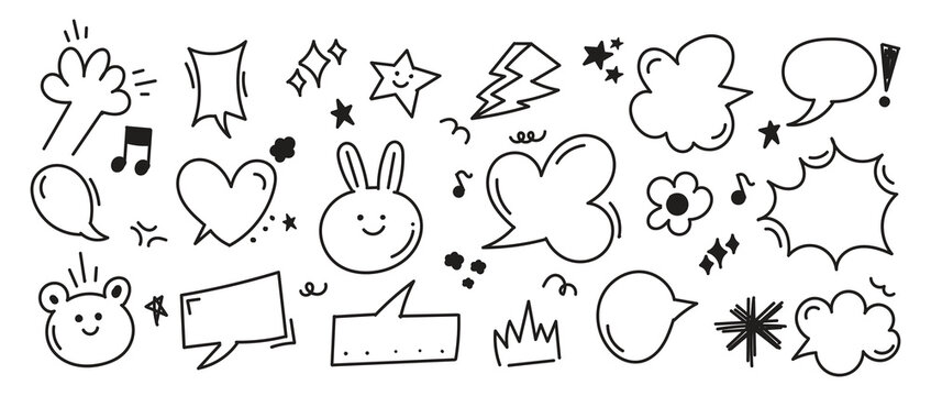 Set of cute pen line doodle element vector. Hand drawn doodle style collection of arrow, speech bubble, crown, flower, scribble.