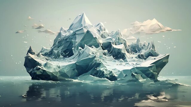 The fusion of technology and nature comes to life in this low poly image, where the structural precision of a digital iceberg meets the vast, fluid nature of the ocean. .