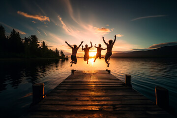 Nature's Celebration: Best Friends Jumping into the Water on a Dock at Sunset by the Lake, Creating a Joyful and Refreshing Celebration of Friendship.

 - obrazy, fototapety, plakaty