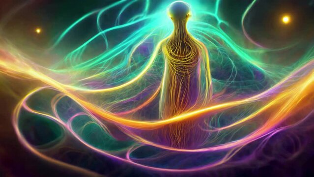 Spiritual being, alien on surreal world with flowing energy colors. Interdimensional being. Extraterrestrial entity, alien landscape. Astral entity on astral plane.  2d hand animation of AI image.