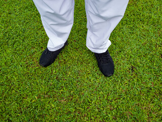 Selfie of sneakers on green grass, top view with copy space