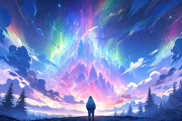 Poster Fantasy aurora illustration, beautiful cartoon small fresh romantic night sky illustration background © lin