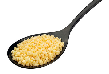 Grated parmesan cheese in spoon isolated on white background