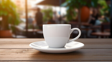 Fototapeta premium A white coffee mug on a table with cafe blurred background