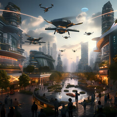 A futuristic cityscape with flying drones