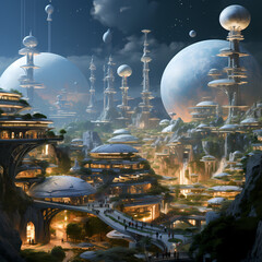A futuristic space colony with domed structures