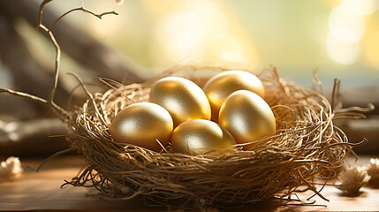 Lighting Up Easter. Golden Eggs Delight.AI Generative 