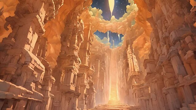Descending into depths earth, must navigate through winding maze stalactites stalagmites before reaching vast chamber Agartha. Glowing crystals line walls ceiling, 2d animation