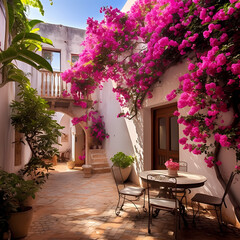 A peaceful courtyard with blooming bougainvillea.