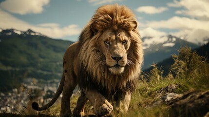 Obraz premium The Majestic Lion's Commanding Presence on the Hill
