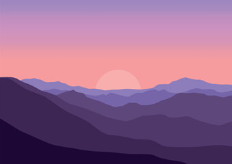 panoramic view of the mountains at sunset. Vector illustration in flat style.
