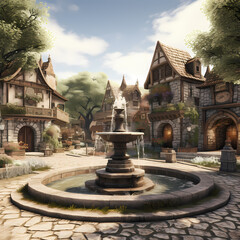 A peaceful village square with a charming fountain.