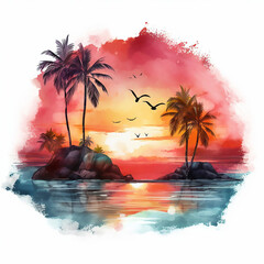 hawaii painting paradise seascape rest resort tropic palm watercolor sunrise horizon purple 