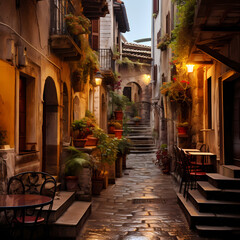 A quiet alleyway in an ancient European town.