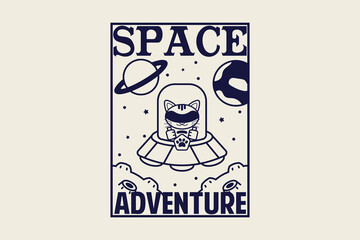 Vintage space adventure graphic design template with cat astronaut in spacesuit, vector illustration in retro style