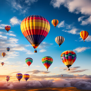 A row of colorful hot air balloons ascending.