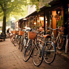 A row of vintage bicycles parked by a cafe.