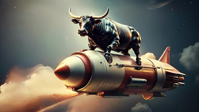 A stylized image of a bull on a rocket ship, symbolizing a rapidly growing stock market .