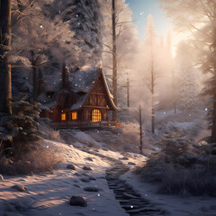 A snowy forest with a wooden cabin in the clearing.
